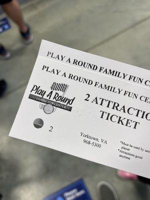 2 attraction ticket; can be used for 2 rounds of golf or 1 laser tag, 1 golf etc.