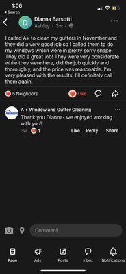 One of our happy repeat customers leaving us feedback on Nextdoor- thank you!
