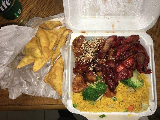 3 in 1 combo. Sesame chicken, boneless ribs, and fried rice. Side of cheese wonton.