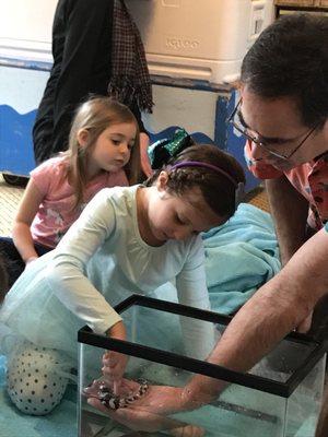 The birthday girl touching a baby shark!