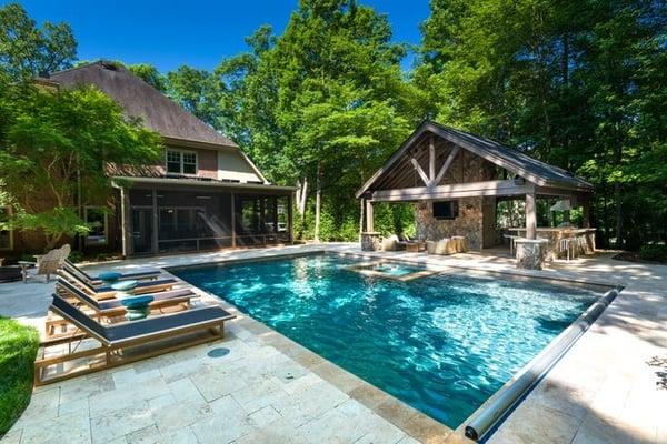 Travertine Stone Paver Pool Decking and Coping with Cabana.