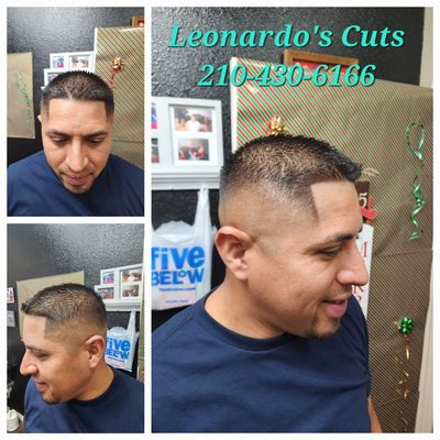 Mid double 0 fade, siccors on top less than finger length, edge up.