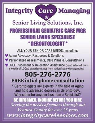 FREE Placement & Relocation assistance by a Gerontologist with over 25 yrs experience assisting seniors.