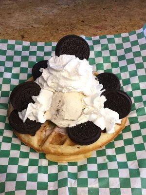 Our chocolaton is a waffle with cookies n' cream ice cream and Oreos