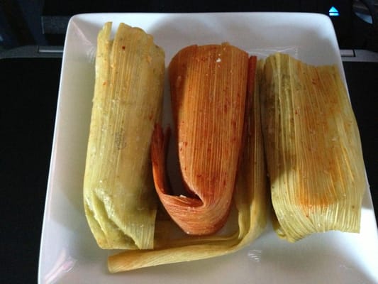 Green sauce, red sauce, and cheese/pepper slices tamales