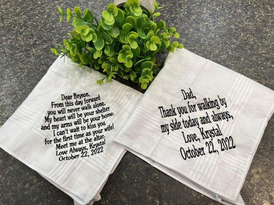 Wedding day handkerchiefs for groom and father of the bride