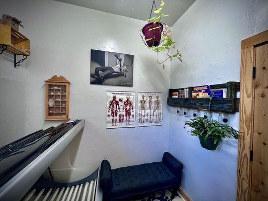 Artistic blend of plants and posters in the tanning & sauna room.