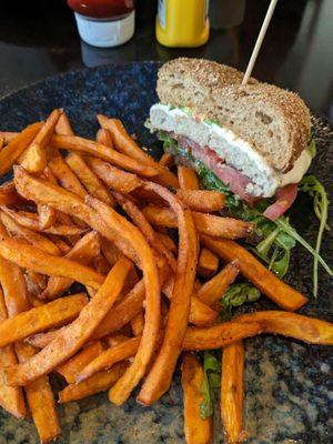 Half of Grilled Natural Turkey Burger with Sweet Potato Fries~