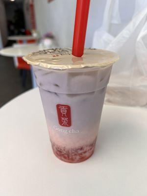 Strawberry taro with strawberry popping boba