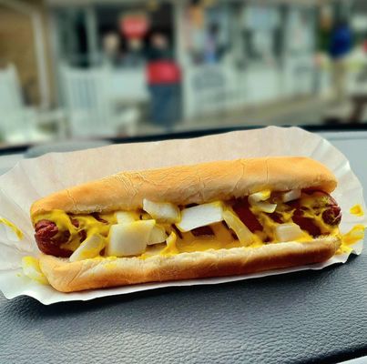 Grilled dog, toasted bun, diced onions, and a smear of mustard. Perfect.