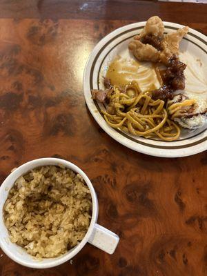 Fried rice blah. Mushy noodles.  Salty breaded chicken