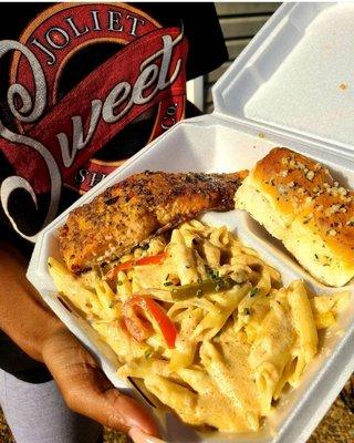 Rasta pasta with honey garlic salmon