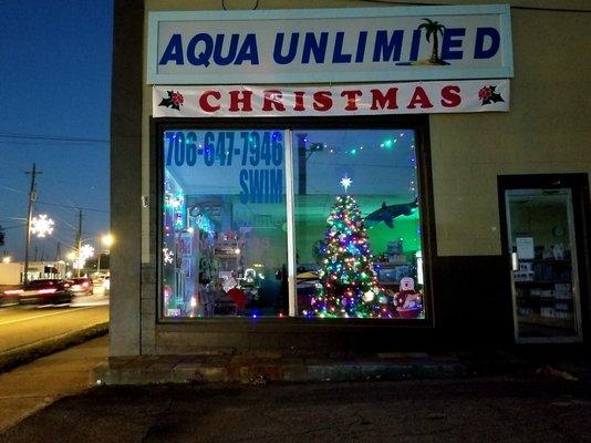 AQUA UNLIMITED Christmas 2017 window display, Thomaston, Georgia.