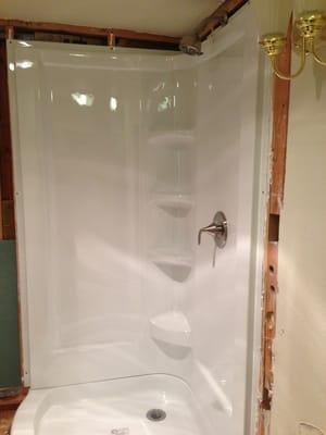 Bathroom remodel changed a tub into a shower Mckiernan plumbing completed all the plumbing needs from ruff to finish