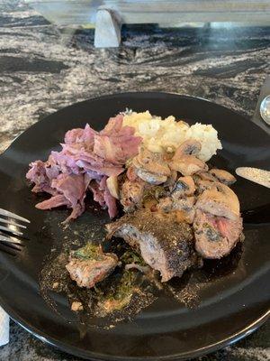 Beef tenderloin, cabbage, and mashed potatoes