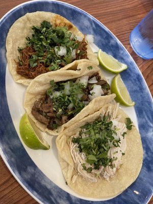 Al pastor, chicken and steak tacos, really good and great homemade tortillas!!