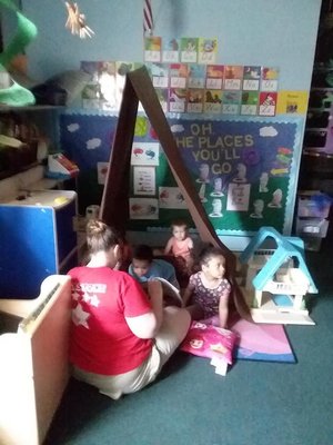 In the story telling tent during summer camp!