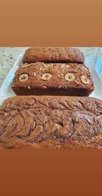 Our chocolate chip, regular, and nutella banana breads (top to bottom)