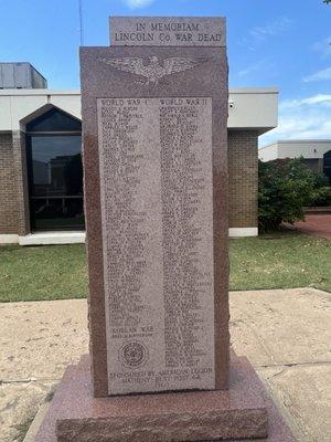 Memorial on the grounds of the Lincoln County Courthouse dedicated to the "War Dead" (World War I and II) of Lincoln County, OK.