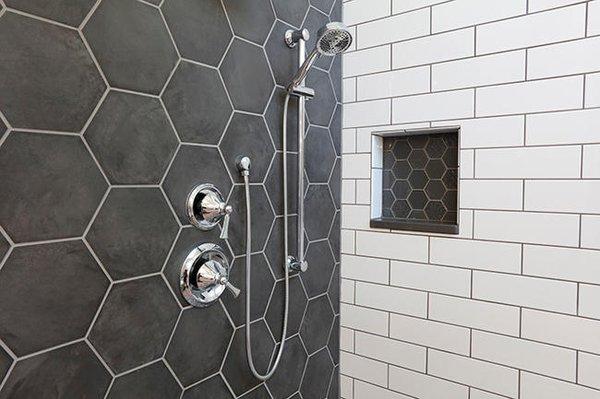 Custom Shower with Classic 4x12 Subway Tile and Slate Gray Hexagon Tile