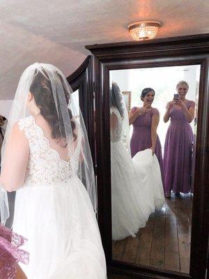 Upstairs of bridal suite, decorated in romantic vintage design with grand windows overlooking front property and pond.