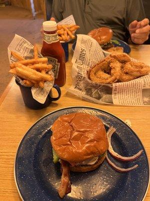 Bacon blue cheese burger, mushroom Swiss burger with fries and hand-breaded onion rings!