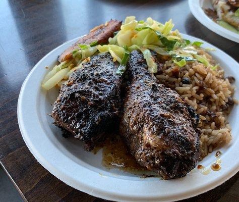 Jerk Chicken with Rice and Peas, Steamed Vegetables and Plantains