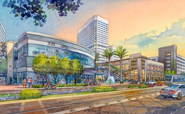 A view from Main Street with palm trees and our future water fountain.