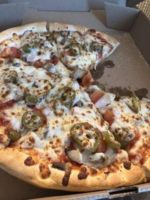 Create your own ... pepperoni, tomato, mushroom, onion, and jalapeno.