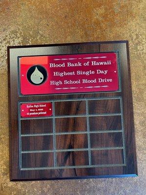 Perpetual plaque to be used by Blood Bank of Hawaii for highest collection in a single day high school blood drive each school year