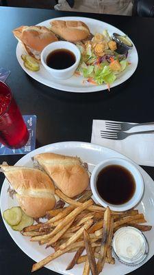 French dip with fries and salad