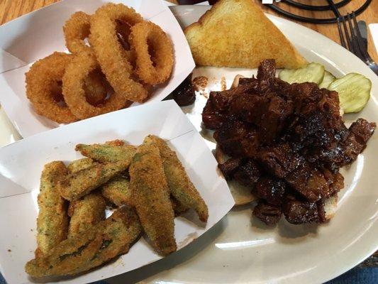 Burnt ends meal with fried okra and onion rings.