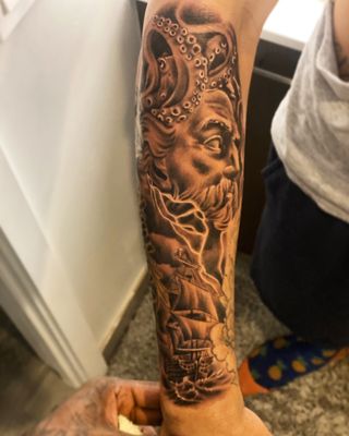 Poseidon forearm tattoo done and designed by Permanent MarQ! Book your appointment!