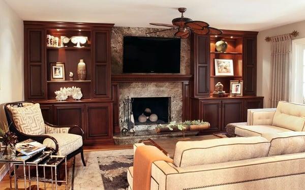 Family living room with multimedia center.