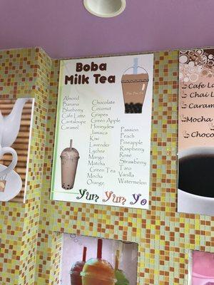 Milk tea options.  All drinks can have boba