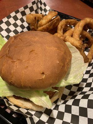 Delicious pork tenderloin with onion rings