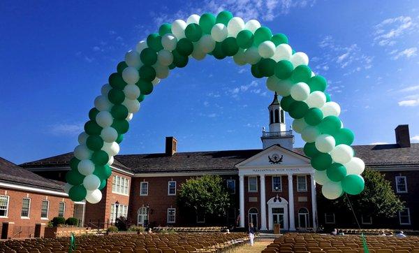 Spiral balloon arch celebrating school champs!