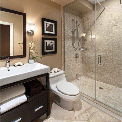 ccjrconstructionIdeas : Small Bathroom Remodel Into Contemporary Neutral Bathroom With Walk In Shower And Two Wall Hanging... Call us today