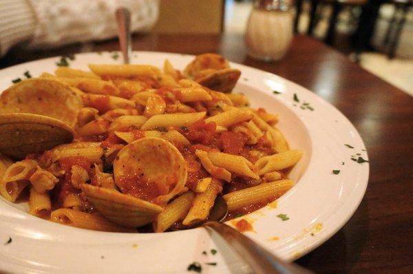 Penne pasta with red clam sauce. Yummy.