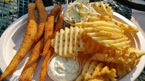 Fish and chips. Cod. Comes with coleslaw. $12. I was hoping for 1 or two larger pieces of fish rather than these little eels.