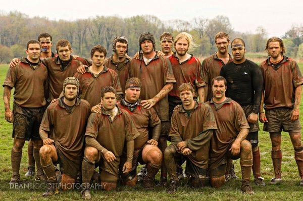 The rugby team after losing a game in the mud at Grove City College in Pennsylvania.