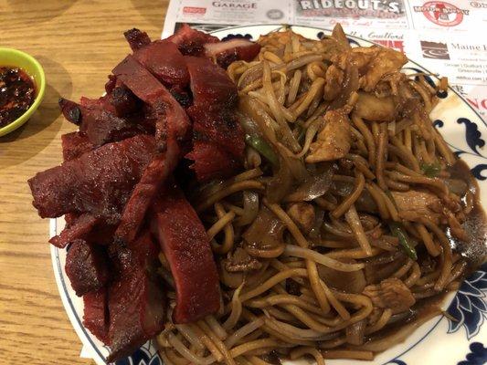 Chicken lo mein and boneless ribs w/ scside of hot oil.