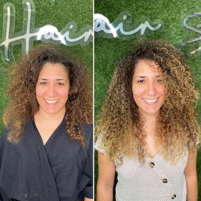 Beautiful soft balayage to illuminate beautiful curly hair.