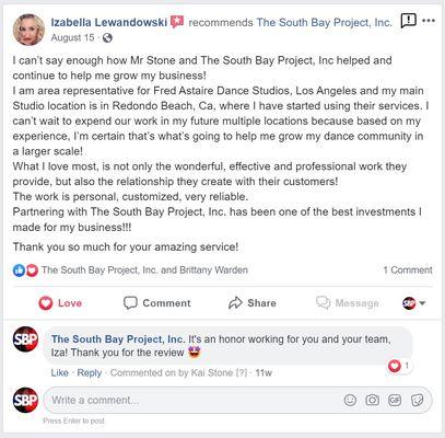 A lovely review from Izabella and Thomas Lewandowski regarding their Fred Astaire Dance Studio franchise. https://www.southbayproject.org/se