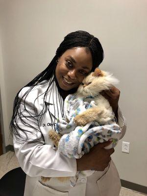 Dr. Okafor and Gizmo getting a quick snuggle after his exam!