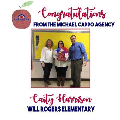 Congratulations to Caity Harrison of Will Rogers Elementary for winning $100 of classroom supplies in November!