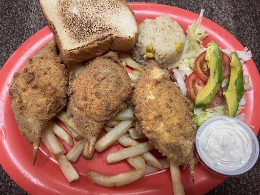 Jaiba rellena-3 pcs fries, rice, side salad