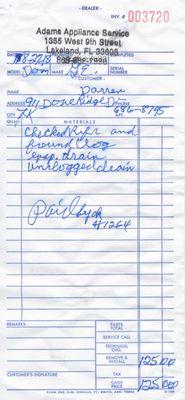 Receipt for clogged refrigerator drain line repair.