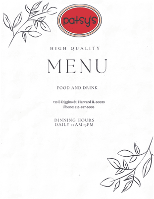 Menu of Patsy restaurant.