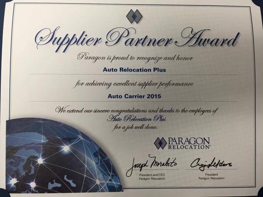 Car Carrier of the Year Award from Paragon Relocation.